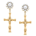 Estella Bamboo Cross with Pearl Cluster Earrings in Worn Gold