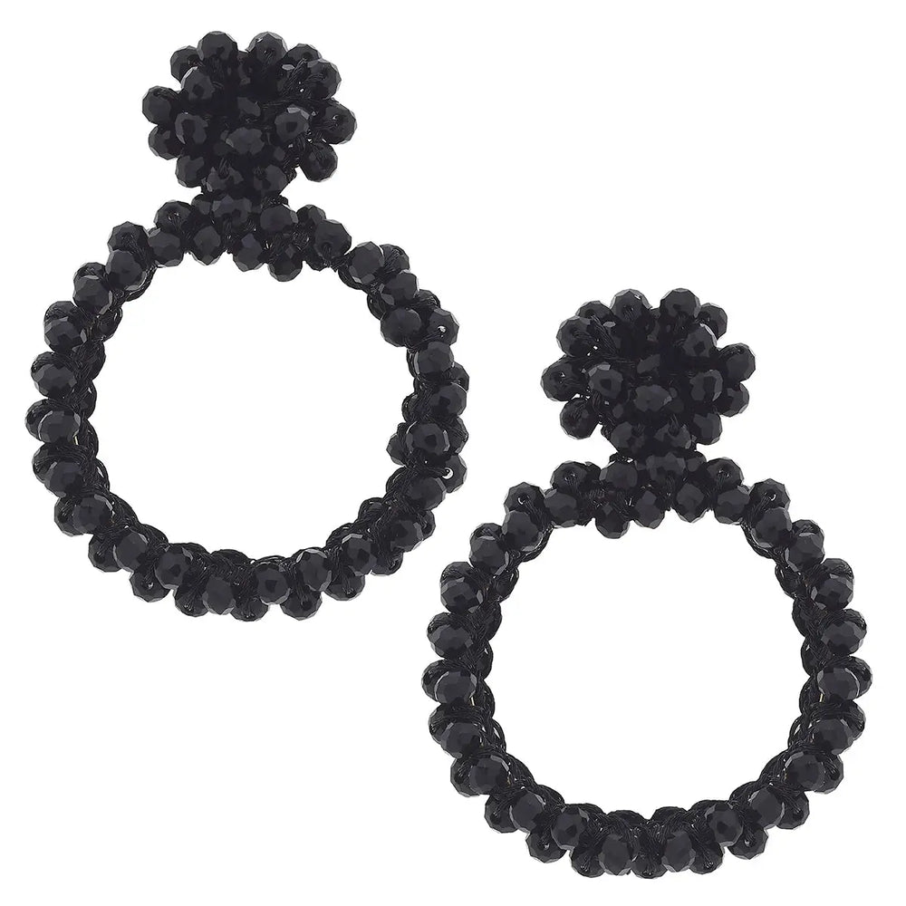 Liana Glass Bead Open Circle Statement Drop Earrings in Black