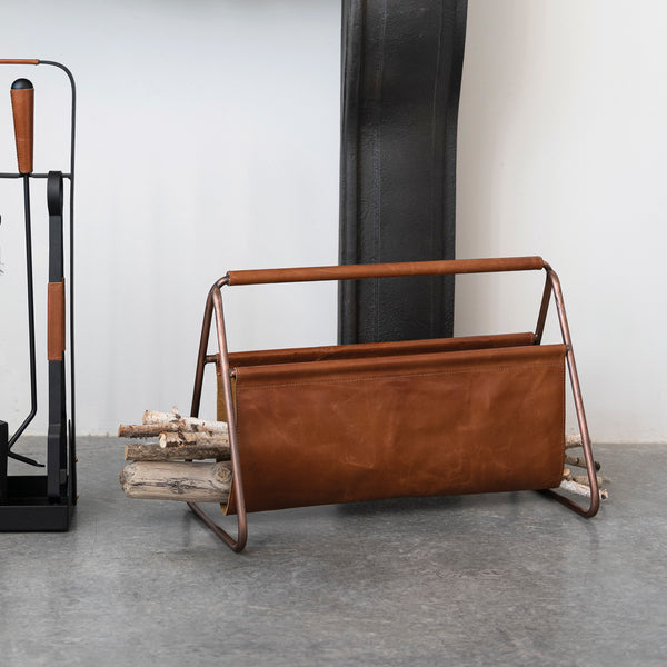 Metal & Buffalo Leather Kindling Holder, Copper Finish & Camel Color