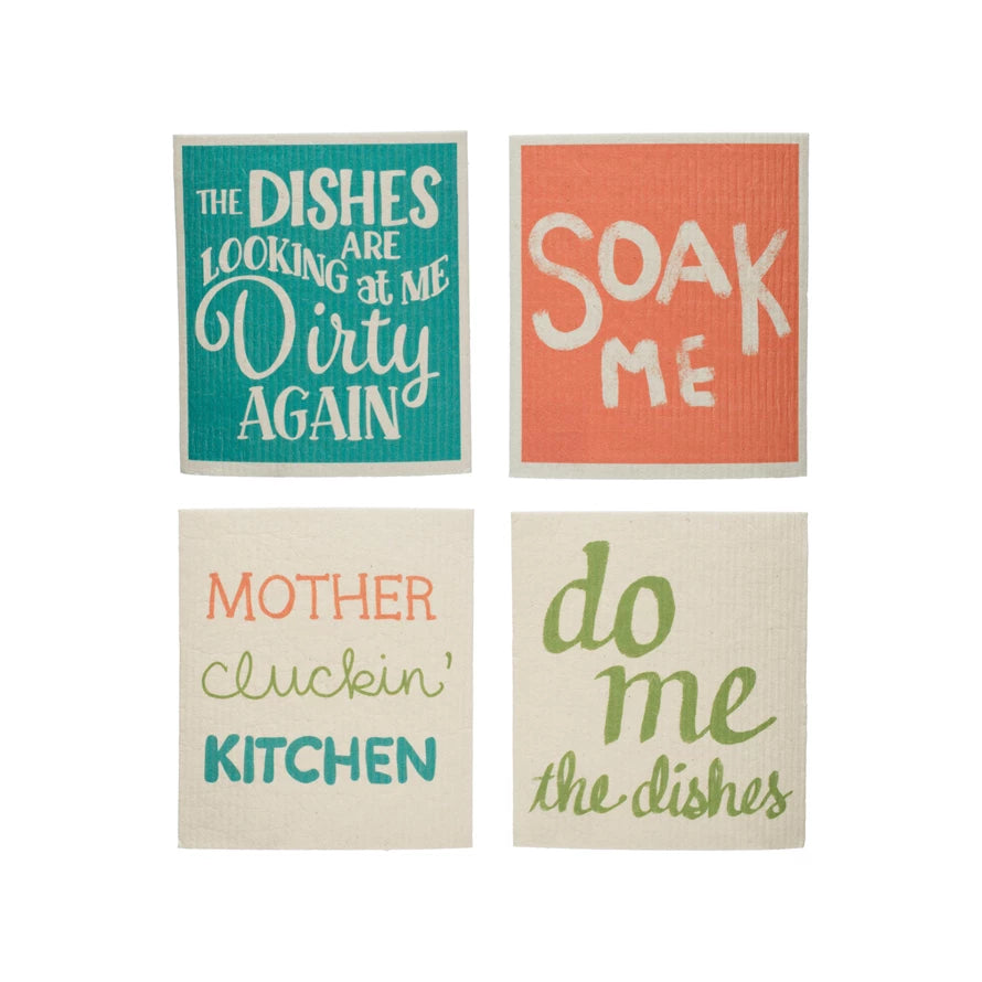 Reusable Cellulose Sponge Cloth w/ Saying, Multi Color, 4 Styles