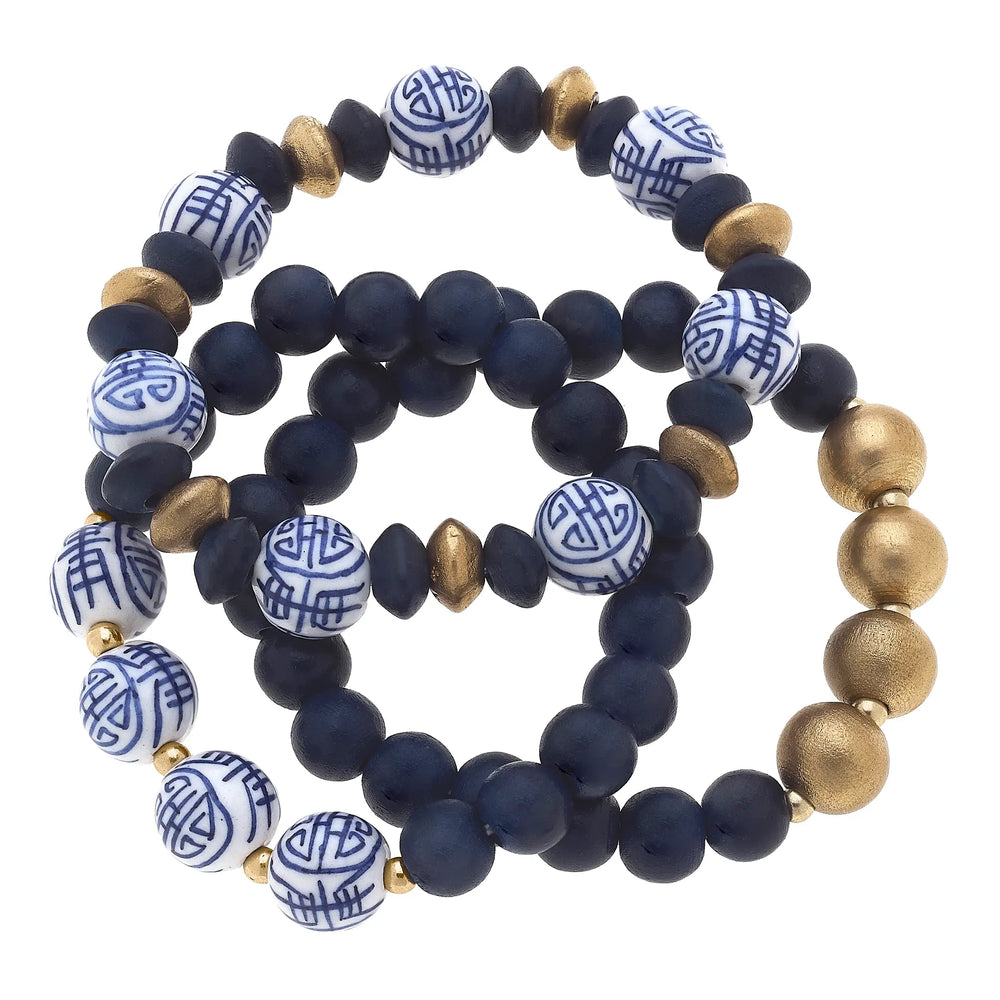 Marcie Chinoiserie & Wood Bracelets in Navy - Set of 3