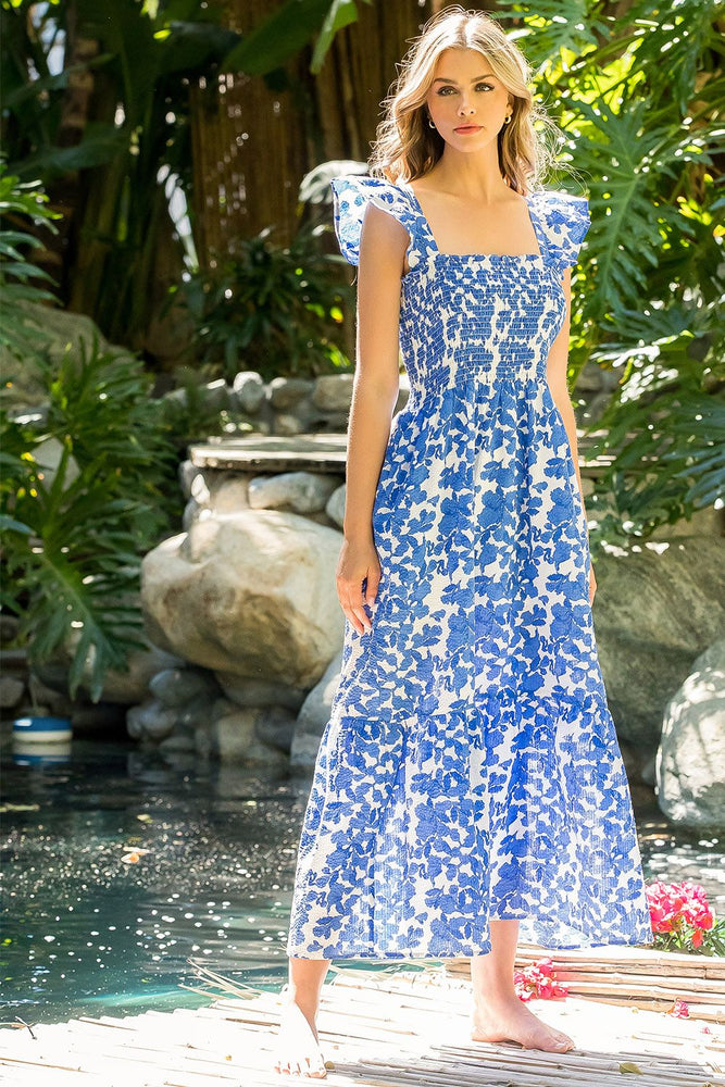 Smocked Floral Print Maxi Dress