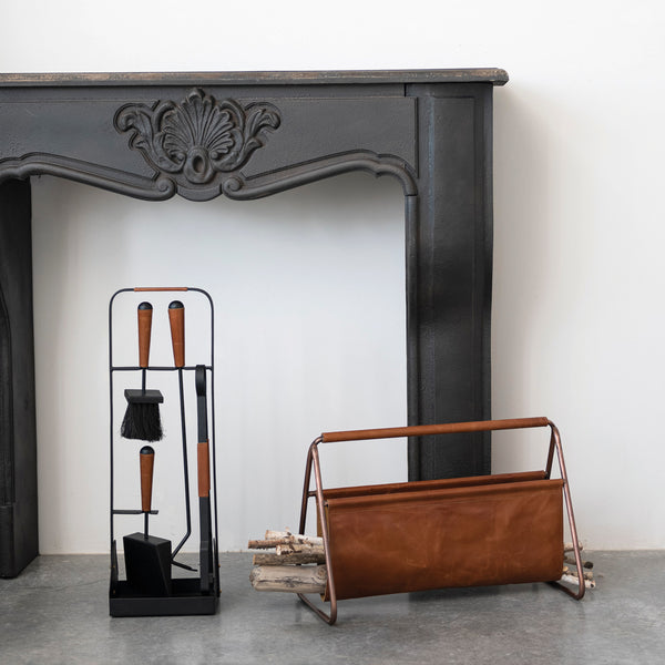 Metal & Buffalo Leather Kindling Holder, Copper Finish & Camel Color