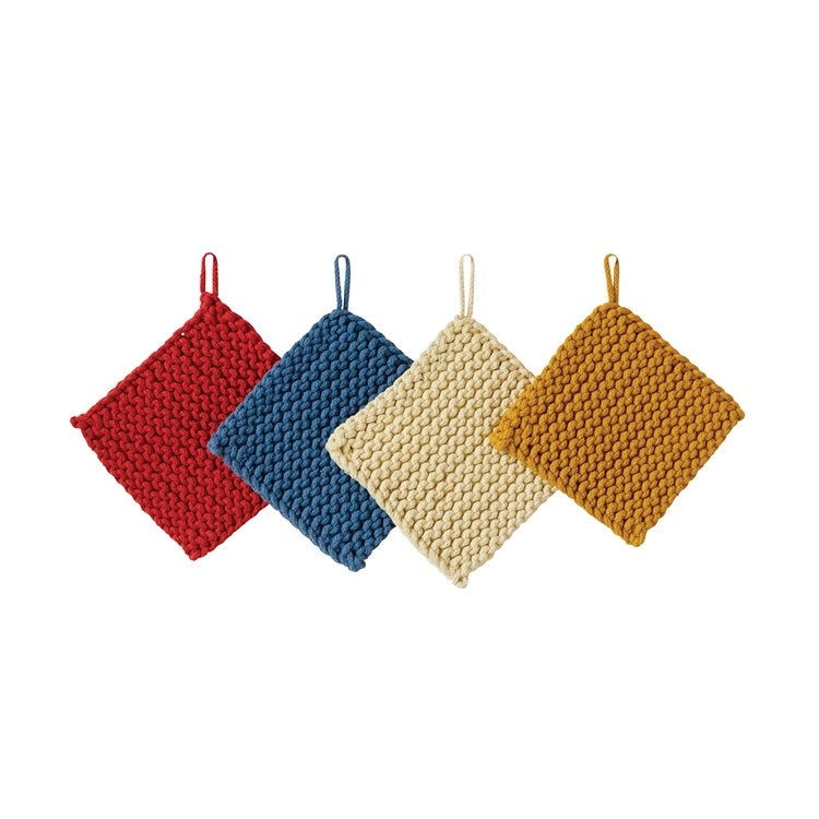8" Sq Cotton Crocheted Pot Holder, 4 Colors