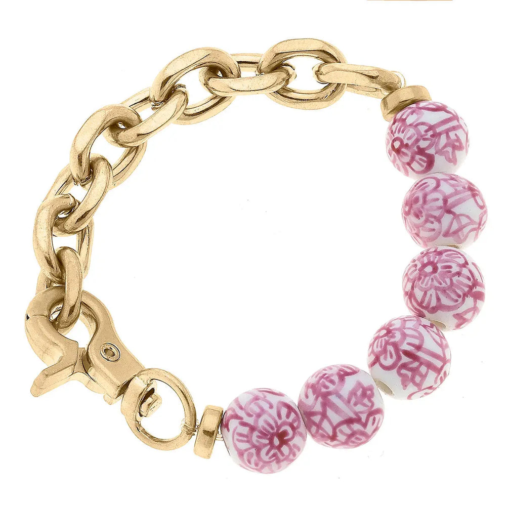 Paloma Chinoiserie & Chunky Chain Bracelet in Pink & White