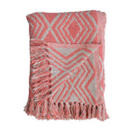 Recycled Cotton Blend Printed Throw w/ Geometric Pattern & Fringe, Pink & Natural