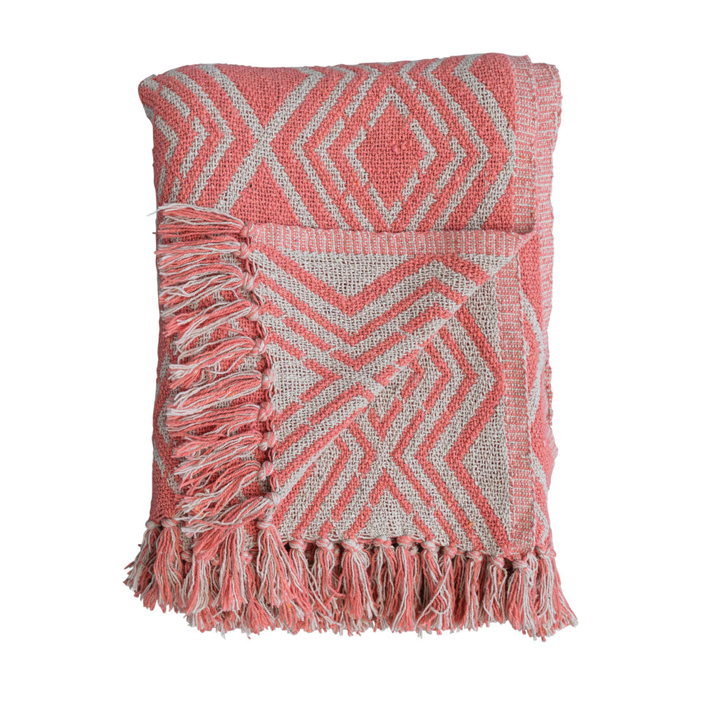 Recycled Cotton Blend Printed Throw w/ Geometric Pattern & Fringe, Pink & Natural