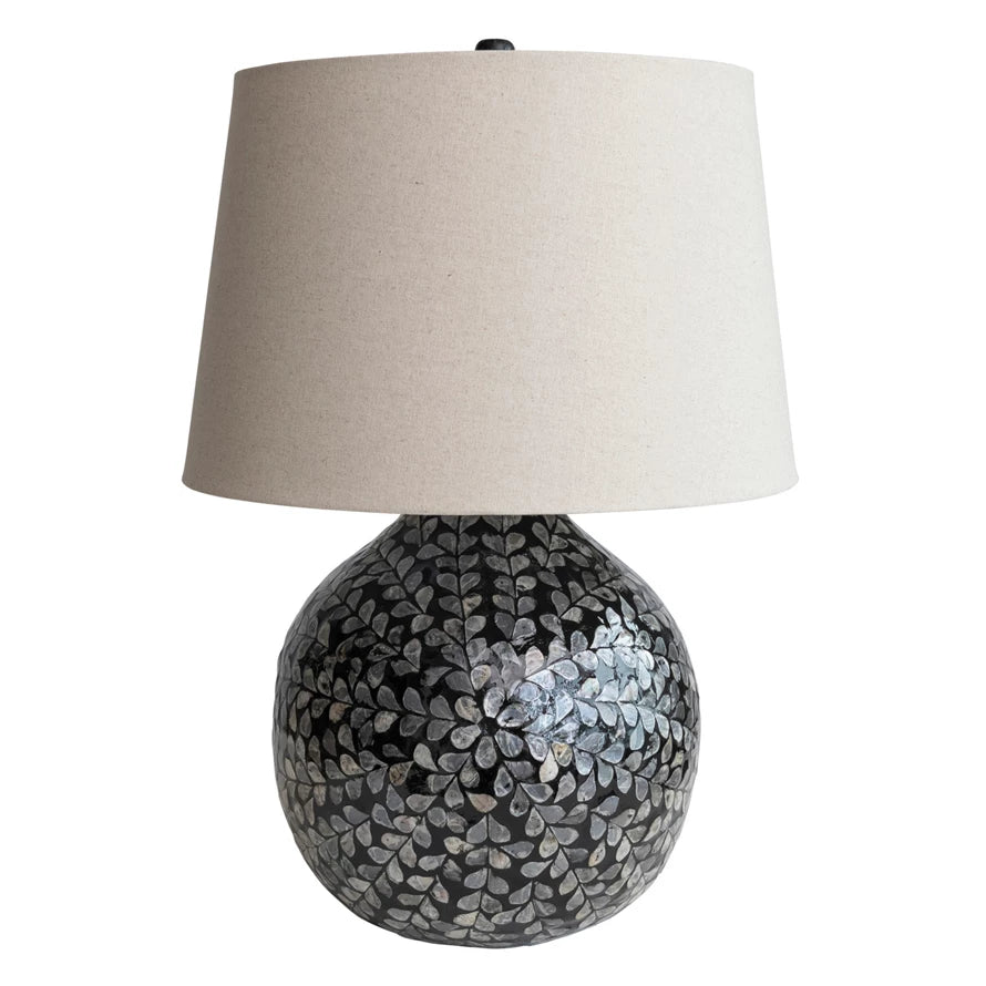 Bamboo & Mother of Pearl Table Lamp w/ Floral Pattern & Linen Shade, Black