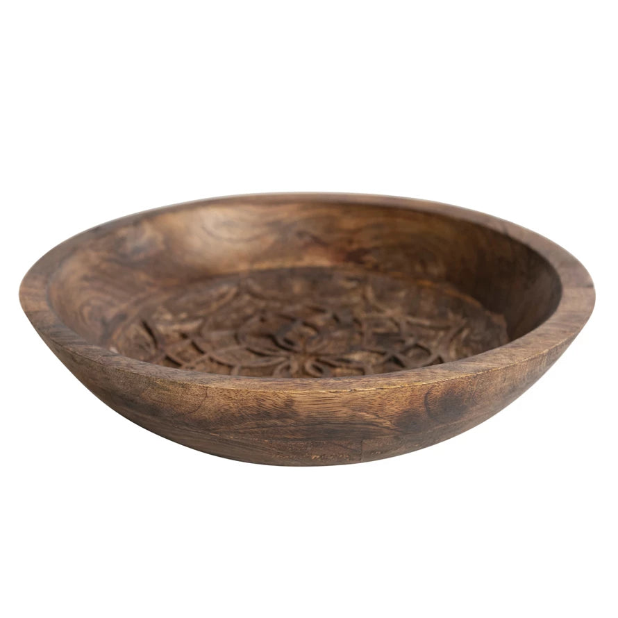 Mango Wood Bowl w/ Design, Burnt Finish