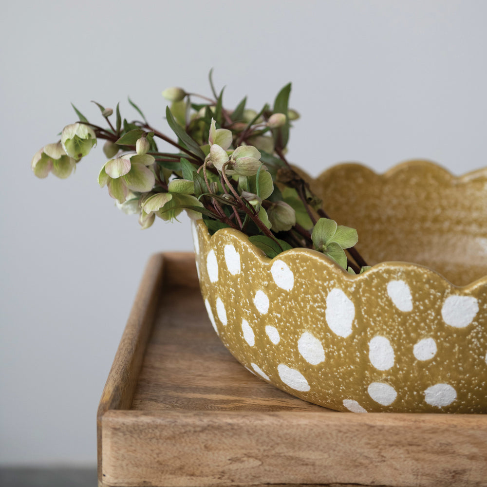Decorative Hand-Painted Terra-cotta Bowl w/ Scalloped Edge & Dots