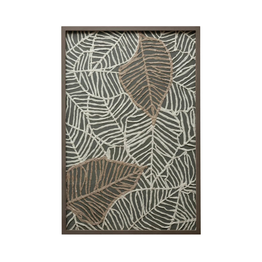Wood Framed Glass Wall Décor w/ Handmade Textured Paper Leaves, Grey, White & Brown