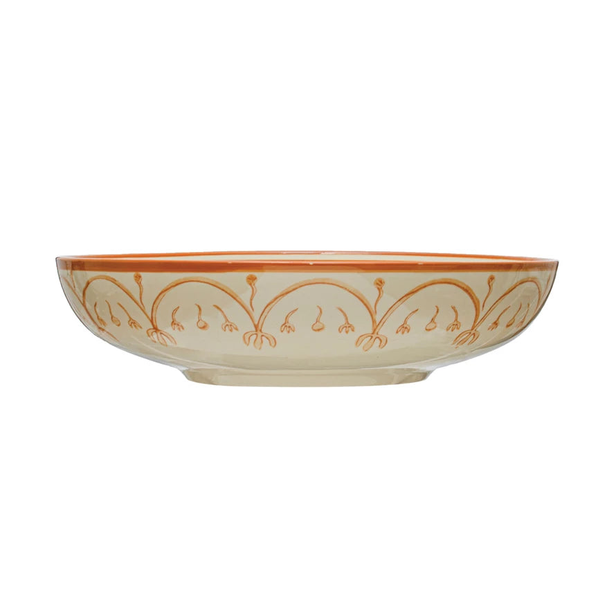 Hand-Painted Stoneware Serving Bowl w/ Pattern, White & Orange Color