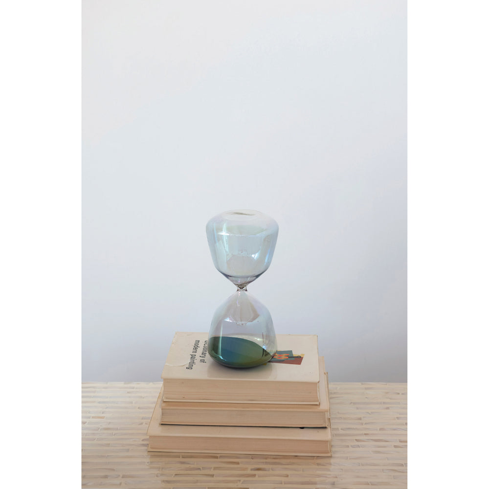 Decorative Glass Hourglass with Black Sand, Iridescent Finish