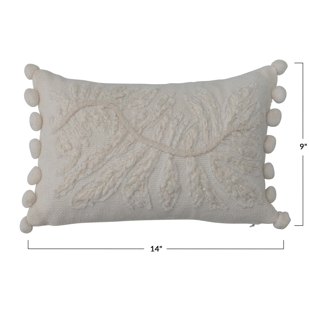 14" x 9" Cotton Lumbar Pillow w/ Embroidery & Pom Poms