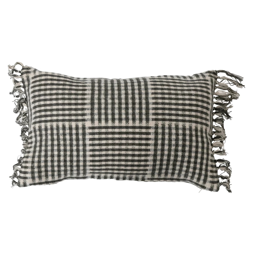Cotton Flannel Lumbar Pillow with Gingham Pattern & Fringe