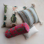 Cotton Velvet Bolster Pillow w/ Embroidery, Fuschia & Green