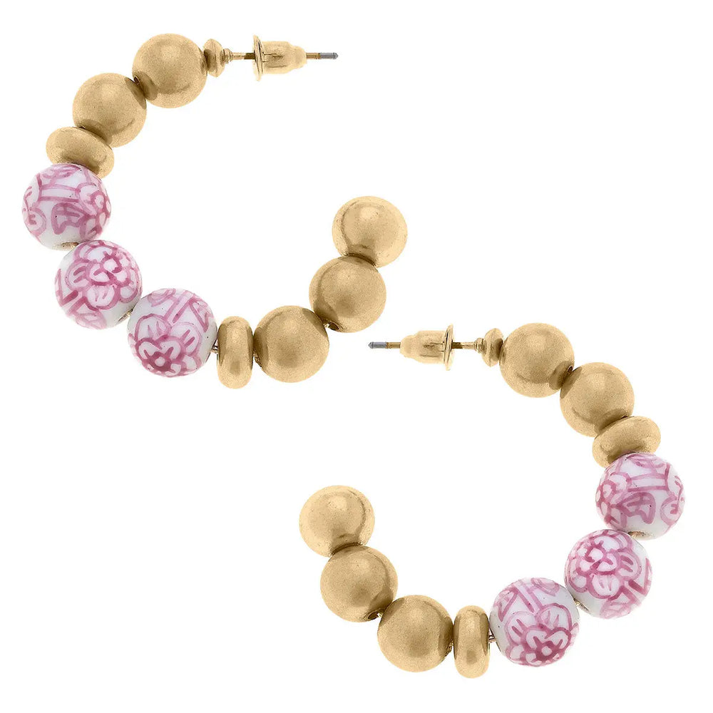 Carmen Chinoiserie & Ball Bead Hoop Earrings in Pink & White