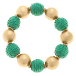 Demi Raffia and Ball Bead Stretch Bracelet in Green