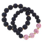 Iris Pink & White Chinoiserie & Painted Wood Stretch Bracelet Stack in Navy - Set of 2