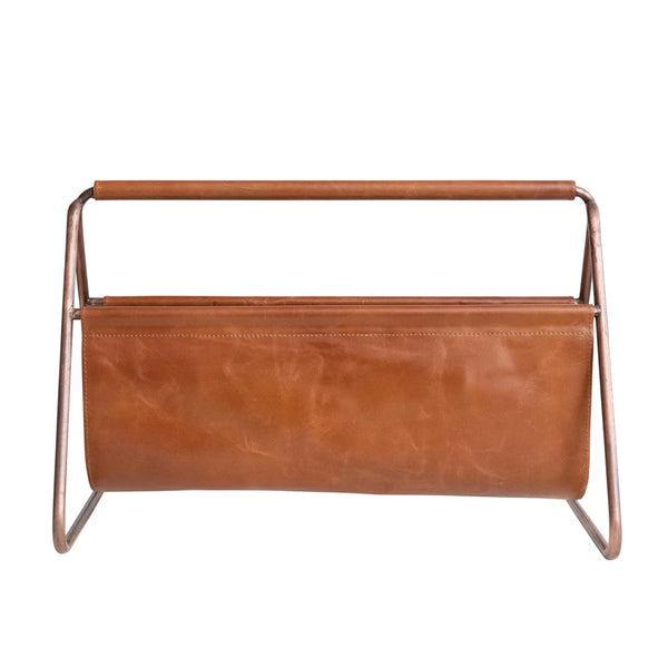 Metal & Buffalo Leather Kindling Holder, Copper Finish & Camel Color