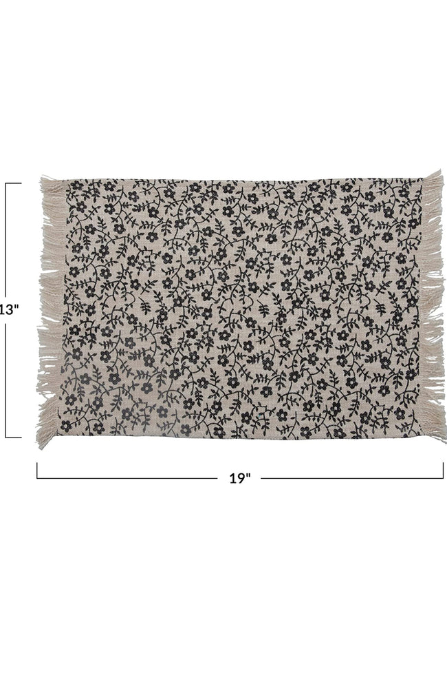 Cotton Slub Printed Floral Pattern and Fringe Placemat, 19" x 13", Natural & Black