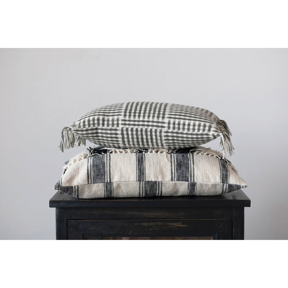 Cotton Flannel Lumbar Pillow with Gingham Pattern & Fringe