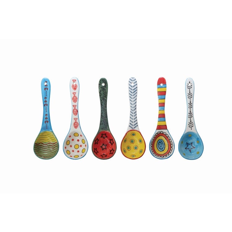 6-1/2"L Stoneware Spoon w/ Painted Pattern