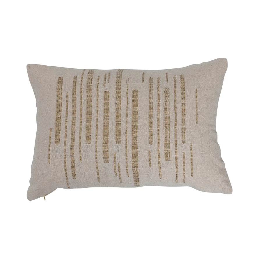 24" x 16" Woven Cotton Slub Lumbar Pillow w/ Gold Metallic Thread Embroidery, Polyester Fill