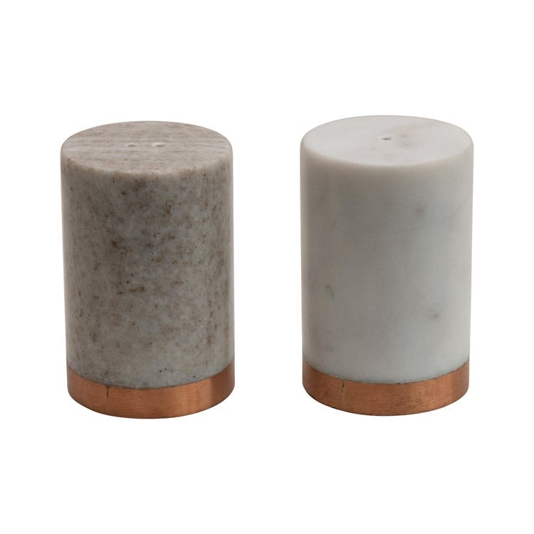 Marble Salt & Pepper Shakers with Copper Base, White & Beige, Set of 2